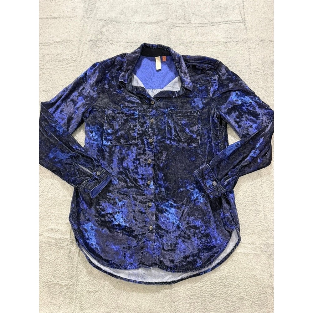 Pilcro Anthropologie Button Up Shirt Women US 6 Blue Velvet Abstract Top - Picture 2 of 12